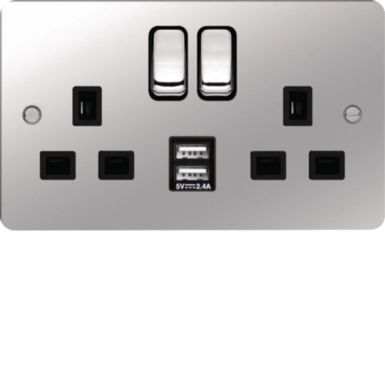 WFSS82PSB-USBS - 13A 2 Gang Double Pole Switched Socket c/w Twin USB Port Polished Steel Black sh
