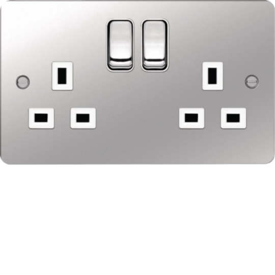 WFSS82PSW - 13A 2 Gang Double Pole Switched Socket Polished Steel White Insert