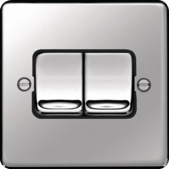 WRPS22WPSB - 10AX 2 Gang 2 Way Wall Switch  Wide Rocker Polished Steel Black Insert