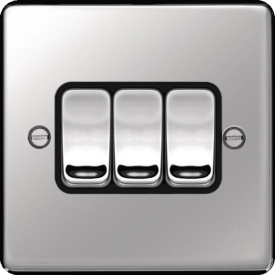 WRPS32PSB - 10AX 3 Gang 2 Way Wall Switch Polished Steel Black Insert