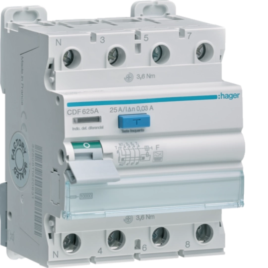 CDF663A - Jordfelsbrytare typ F med skruvanslutning 4-polig 63A, 30mA felström, 10kA