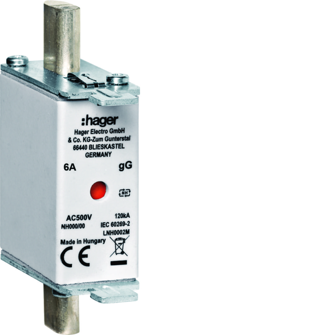 NH biztosítóbetét gG NH000 6A gL/gG (kábel-/készülékvédő) 500V AC 120kA LNH Hager
