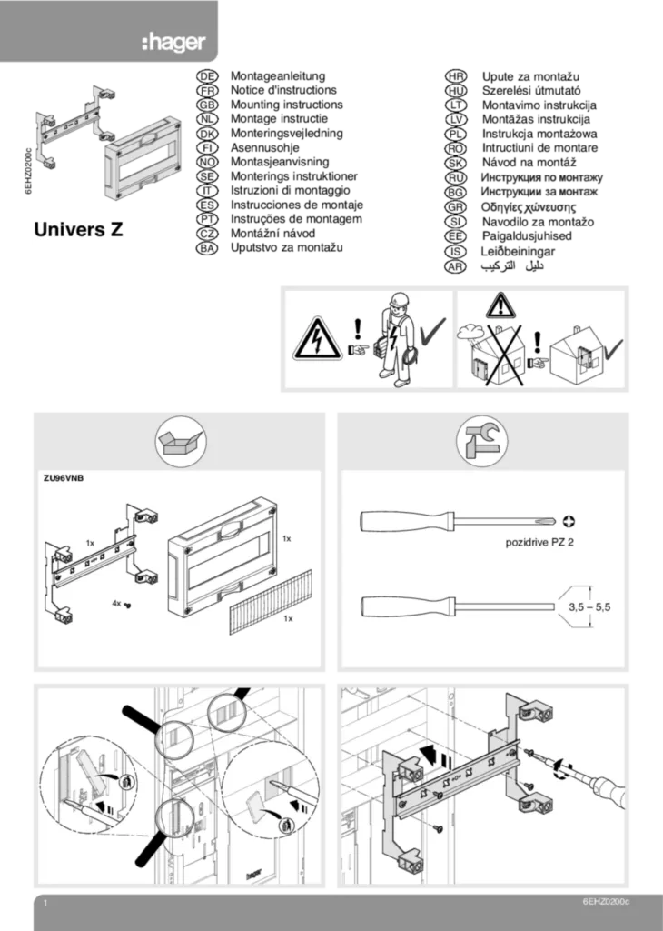 Bild Montageanleitung für ZU96VNB - Montageset für eHZ-Zusatzraum, univers Z, RfZ, 12 PLE (Stand: 06.2010) | Hager Deutschland