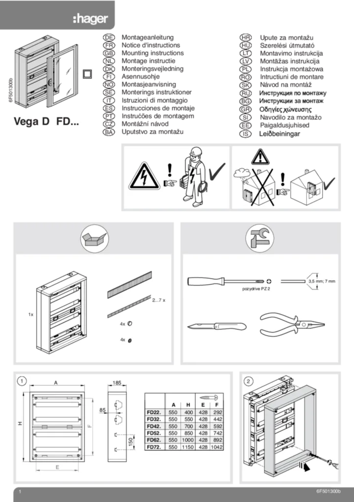 Image Montageanleitung f. FD** Vega D Schränke m. Klarsichttür | Hager France