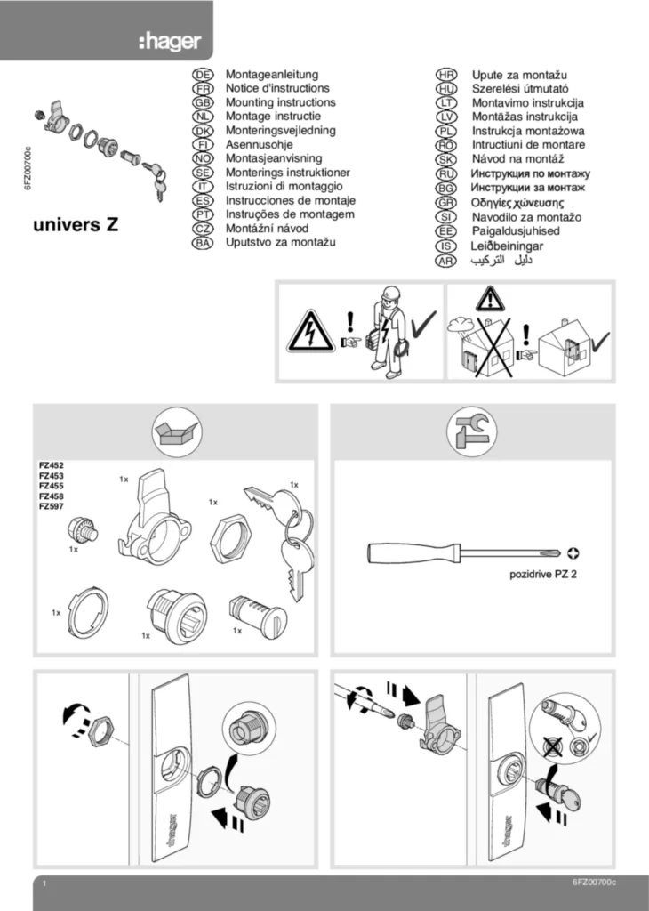 Bild Montageanleitung für FZ452, FZ597 - Schliesung, univers, für IP43 Schränke (Stand: 10.2012) | Hager Deutschland