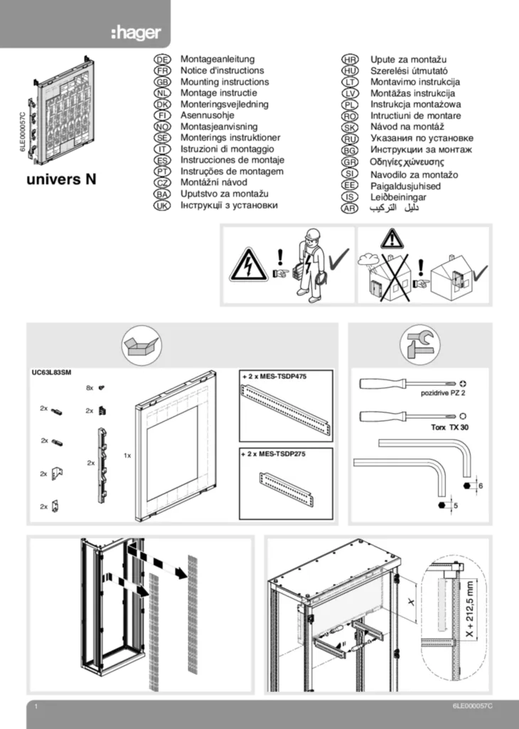 Bild Montageanleitung für UC63L83SM - Bausatz, universN, 900x750 mm, für 7 NH1-3 Leiste auf Sammelschienensystem 185 mm (Stand: 04.2018) | Hager Deutschland