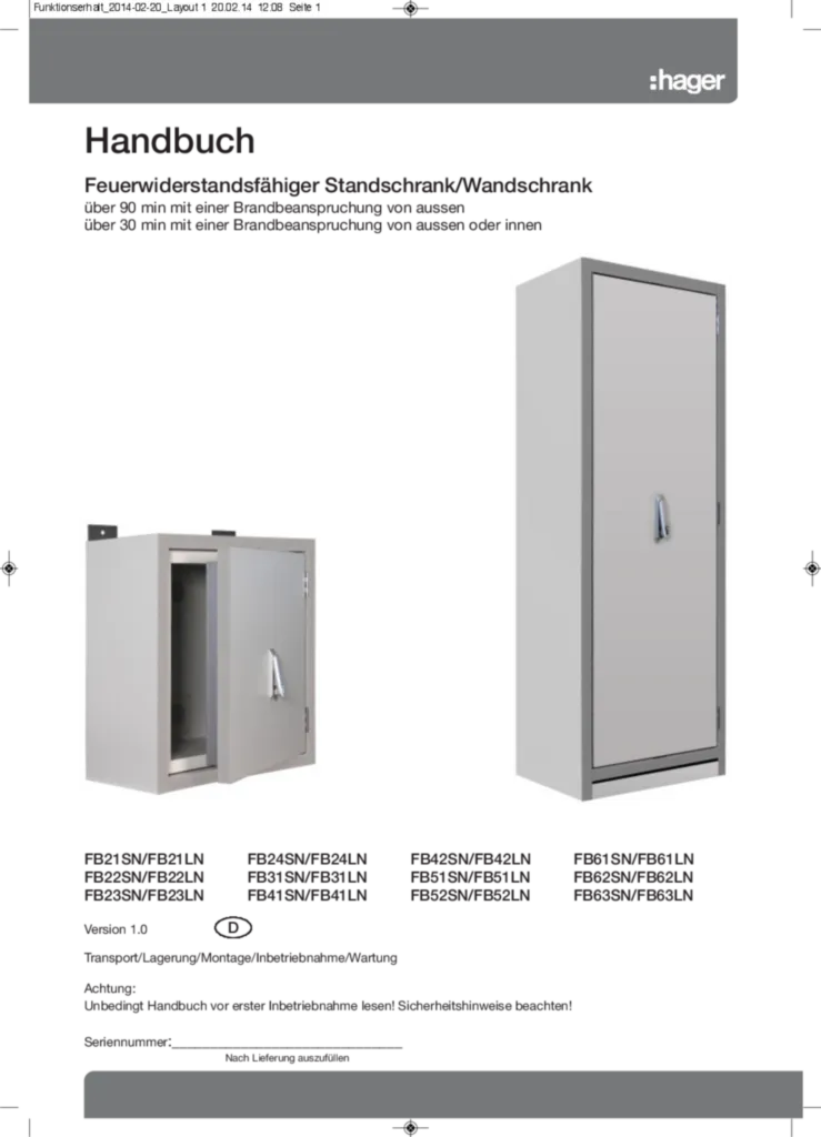 Handbuch für feuerwiderstandsfähige Standschränke/Wandschränke (DE, 2009-12)