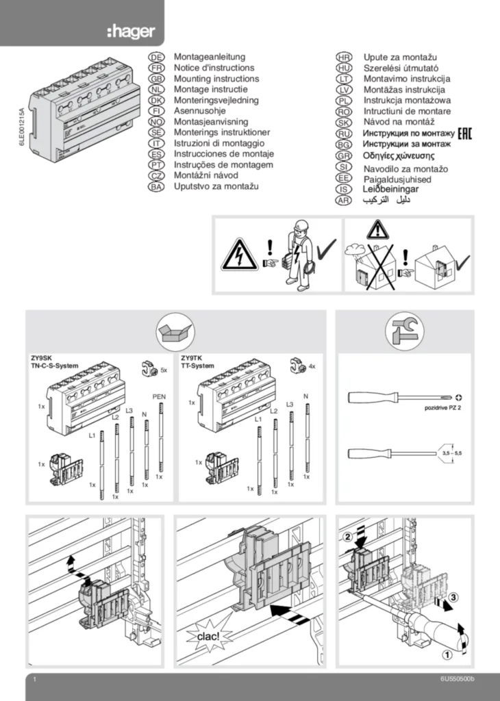 Bild Montageanleitung für ZY9SK, ZY9TK - Bestückungspaket, univers Z, mit Überspannungskombiableiter (Stand: 03.2015) | Hager Deutschland