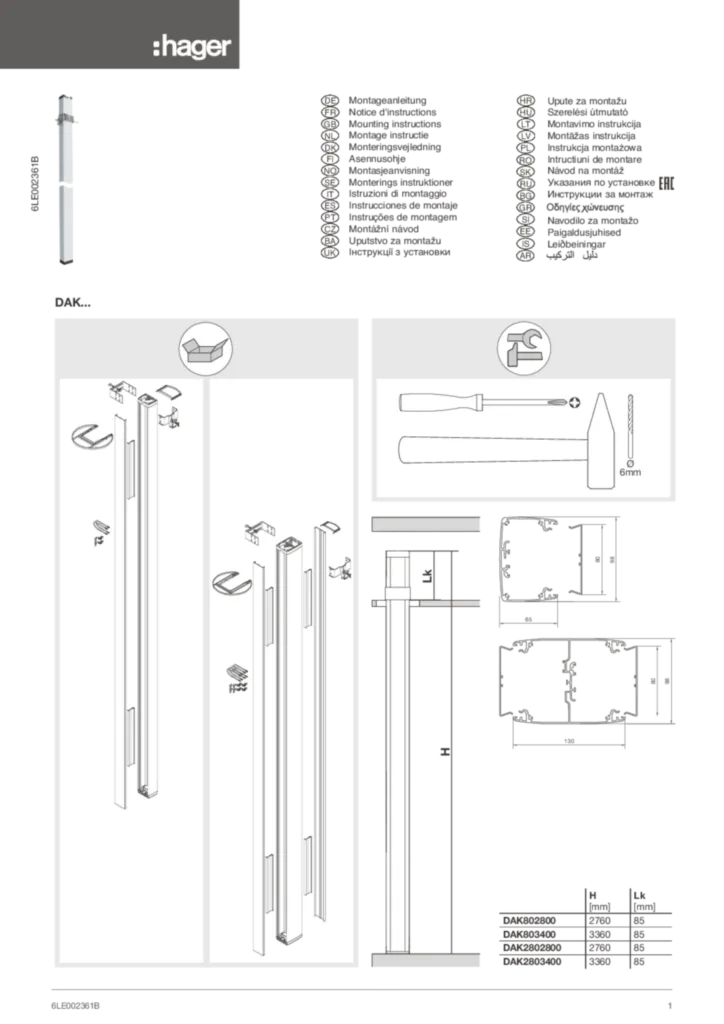 Bild Montageanleitung für DAK28028009010, DAK8028009010 - Deckenanschlusssäule mit Klemmbefestigung DA200 (Stand: 11.2018) | Hager Deutschland