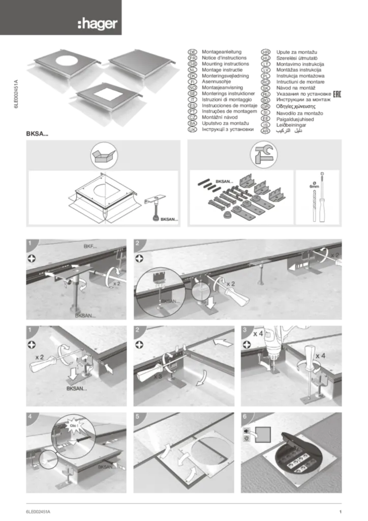 Bild Montageanleitung für BKSAB00 - Bodenwanne für Anschlussdose estrichb. Bodenkanäle, Nivellierset, Anschlussdose (Stand: 11.2016) | Hager Deutschland