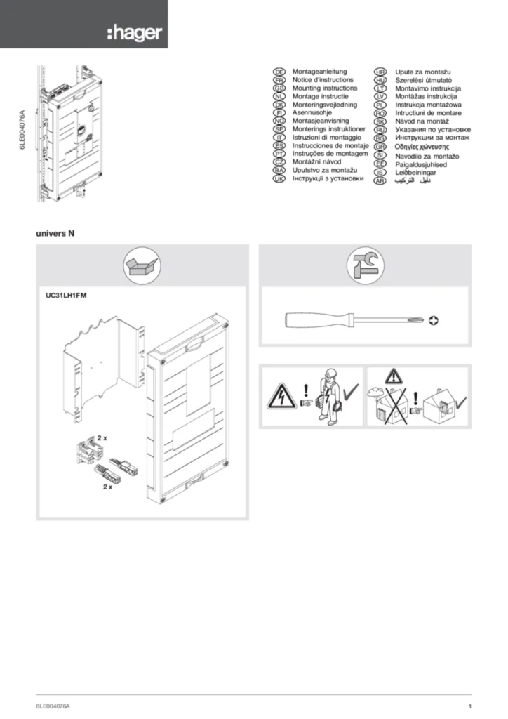 Montageanleitung für UC31LH1FM - Bausatz, universN, 450x250 mm, für Leistungsschalter H3+ P250, mit Motor und FI (Stand: 02.2018)