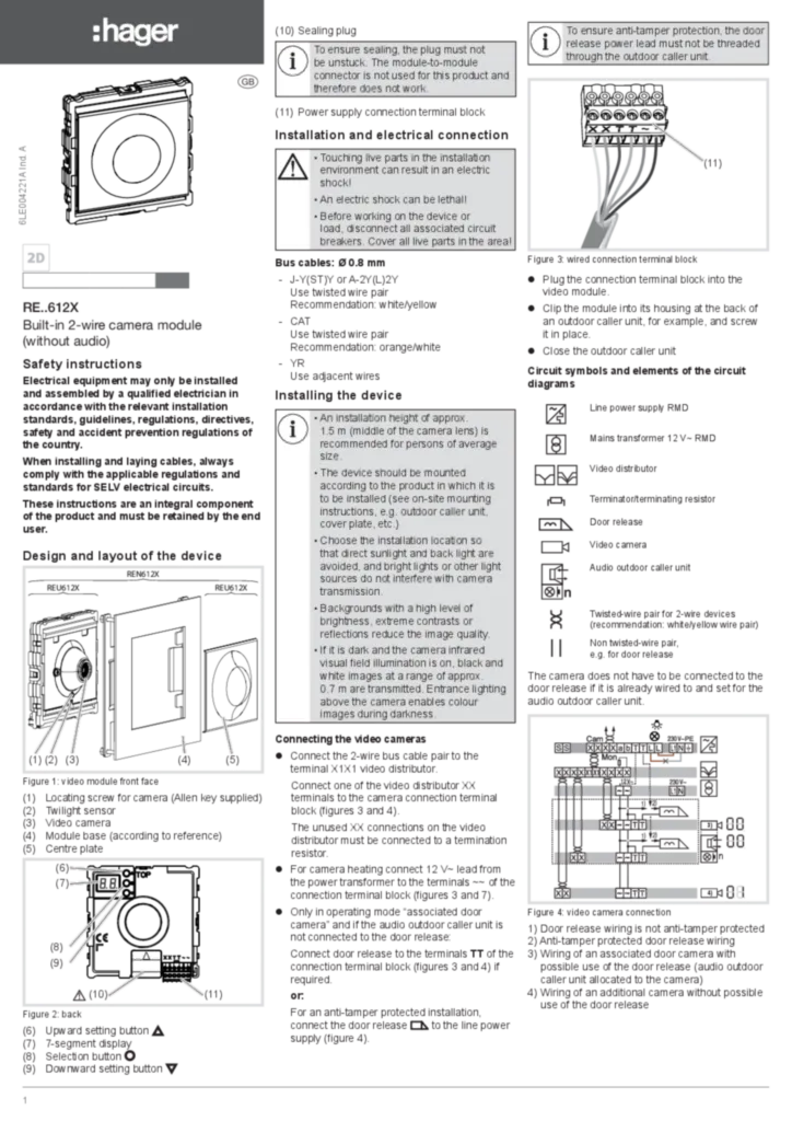 Image Notice Installation Module Video 2fils REU612X REN612X Hag GB | Hager Suisse