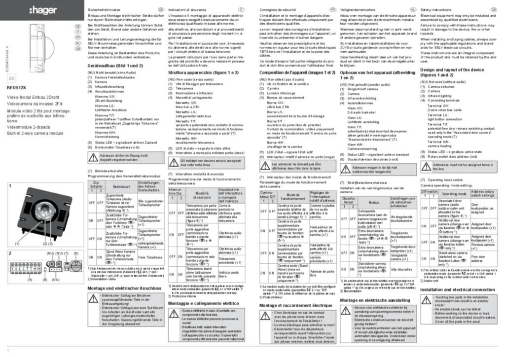 Bild Montageanleitung für REU512X - Video- Modul Einbau 2Draht-Video (BTC gehäuse) (DE-EN-IT-FR-NL, Stand: 10.2018) | Hager Schweiz