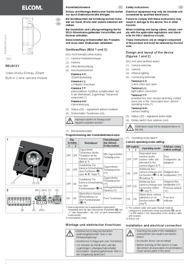 Bild Montageanleitung für REU512Y - BTC-500 Kamera ohne Lautsprecher 2D-Video (DE-EN, Stand: 10.2018) | Hager Deutschland