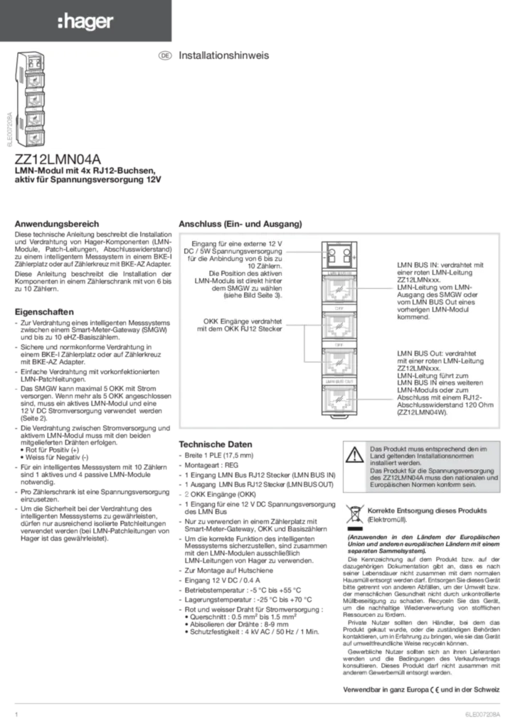 Bild Betriebsanleitung für ZZ12LMN04A - LMN-Modul mit 4x RJ12-Buchsen (DE, Stand: 11.2019) | Hager Deutschland
