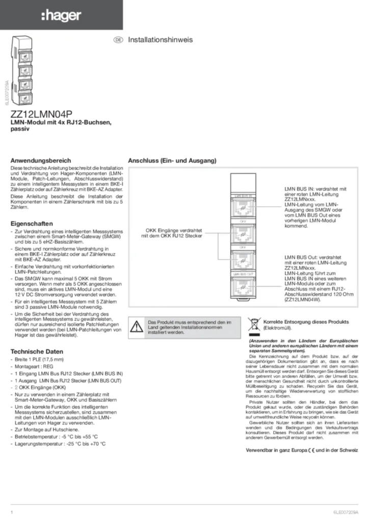 Bild Betriebsanleitung für ZZ12LMN04P - LMN-Modul mit 4x RJ12-Buchsen (DE, Stand: 11.2019) | Hager Deutschland
