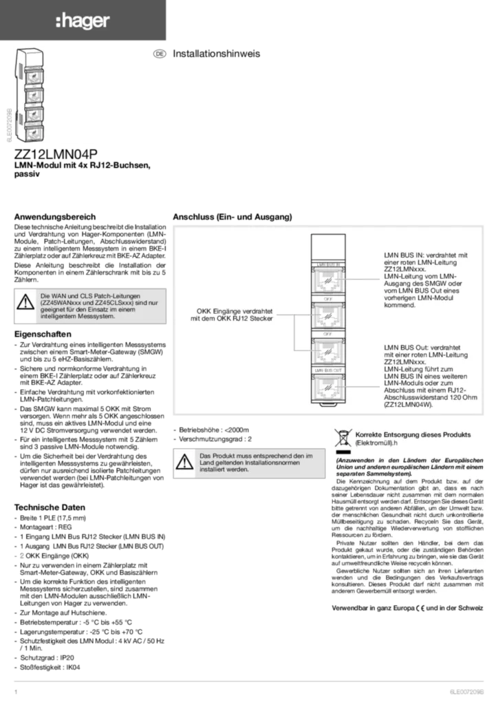 Bild Installationshinweis für ZZ12LMN04P - LMN-Modul mit 4x RJ12-Buchsen, passiv (DE, 2019-12) | Hager Deutschland