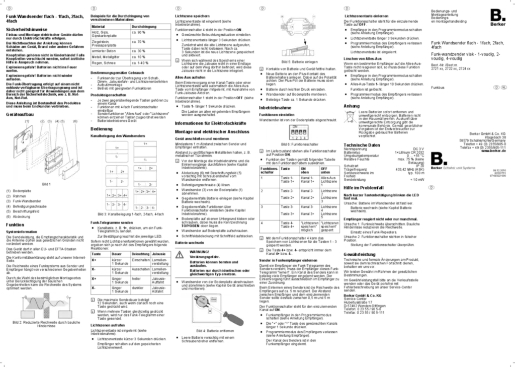 Bild Bedienungs- und Montageanleitung für 2721xx, 2722xx, 2724xx - Funk Wandsender 1/2/4fach flach (DE-NL, Stand: 12.2010) | Hager Deutschland