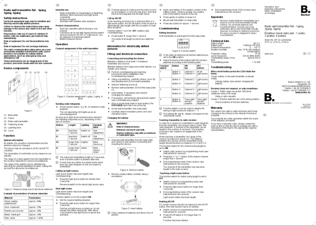 Bild Bedienungs- und Montageanleitung für 2721xx-2722xx-2724xx - Funk Wandsender 1/2/4fach flach (EN-FR, 2010-12) | Hager Deutschland