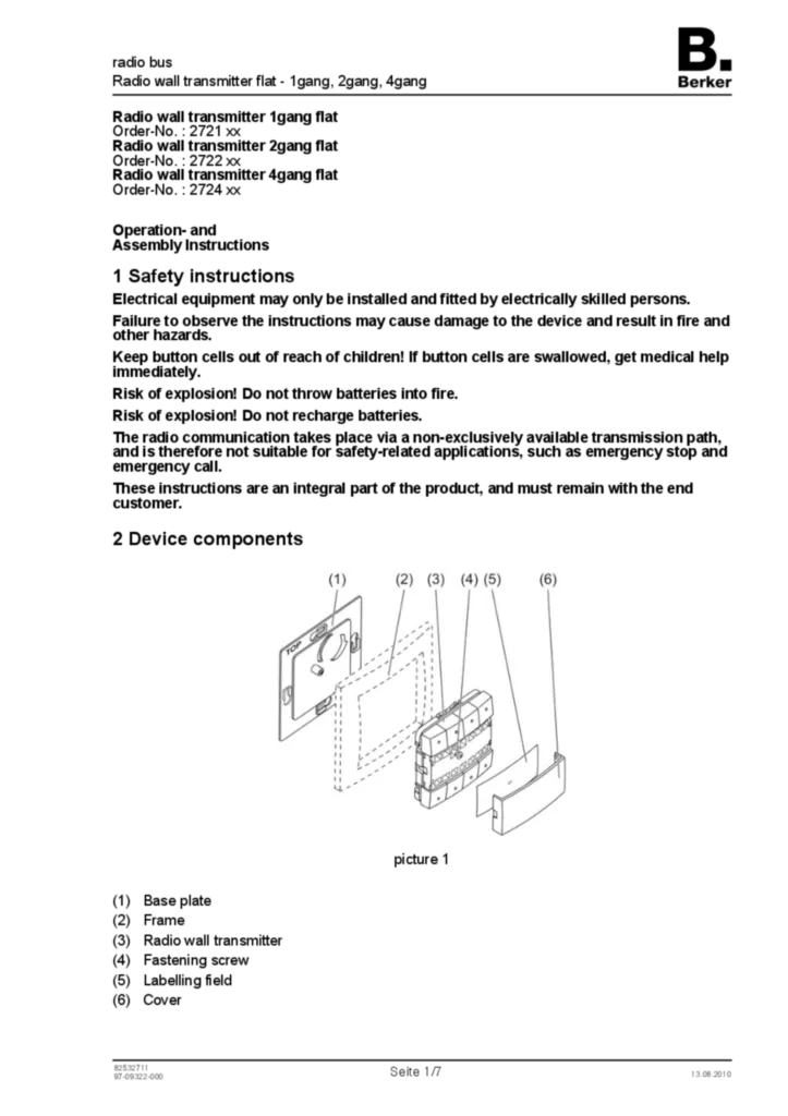 Bild Bedienungs- und Montageanleitung für 2721xx-2722xx-2724xx - Funk Wandsender 1/2/4fach flach (EN, 2010-08) | Hager Deutschland