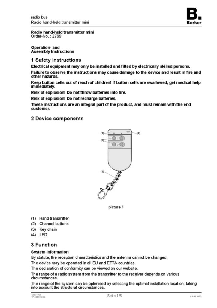 Image Manual for 2769 - Radio hand-held transmitter mini (EN, 2010-08)  | Hager