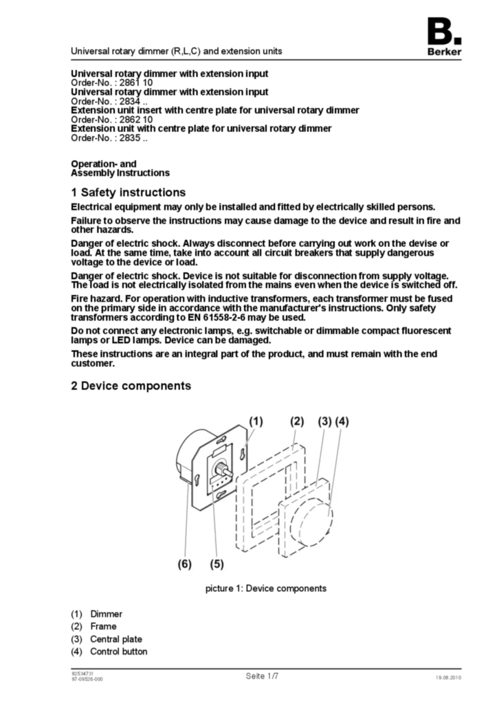 Bild Bedienungs- und Montageanleitung für 2834xx-2835xx-286110-286210 - Universal-Drehdimmer mit Zentralstück (R, L, C), Nebenstellen-Einsatz für Universal-Drehdimmer (EN, 2010-08) | Hager Deutschland