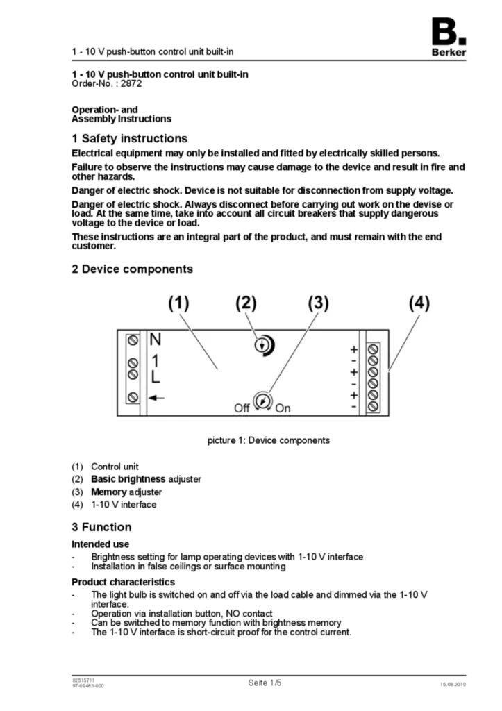 Bild Bedienungs- und Montageanleitung für 2872 - 1 - 10 V Tast-Steuereinheit EB (EN, 2010-08) | Hager Deutschland
