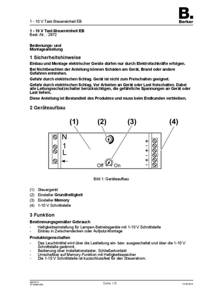 Bild Bedienungs- und Montageanleitung für 2872 - 1 - 10 V Tast-Steuereinheit EB (DE, Stand: 08.2010) | Hager Deutschland