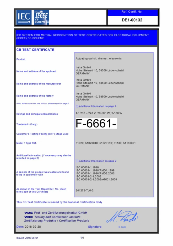 Image CB test certificate for 2876 - Dimmer (EN, Nr. DE1-60132, 2018-02)  | Hager