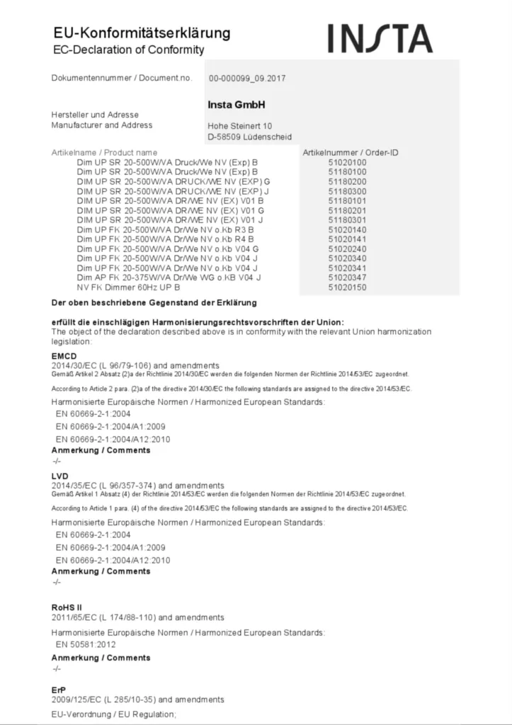 Image EC declaration of conformity for 2876 - Dimmer (DE-EN, Nr. 00-000099_09.2017)  | Hager
