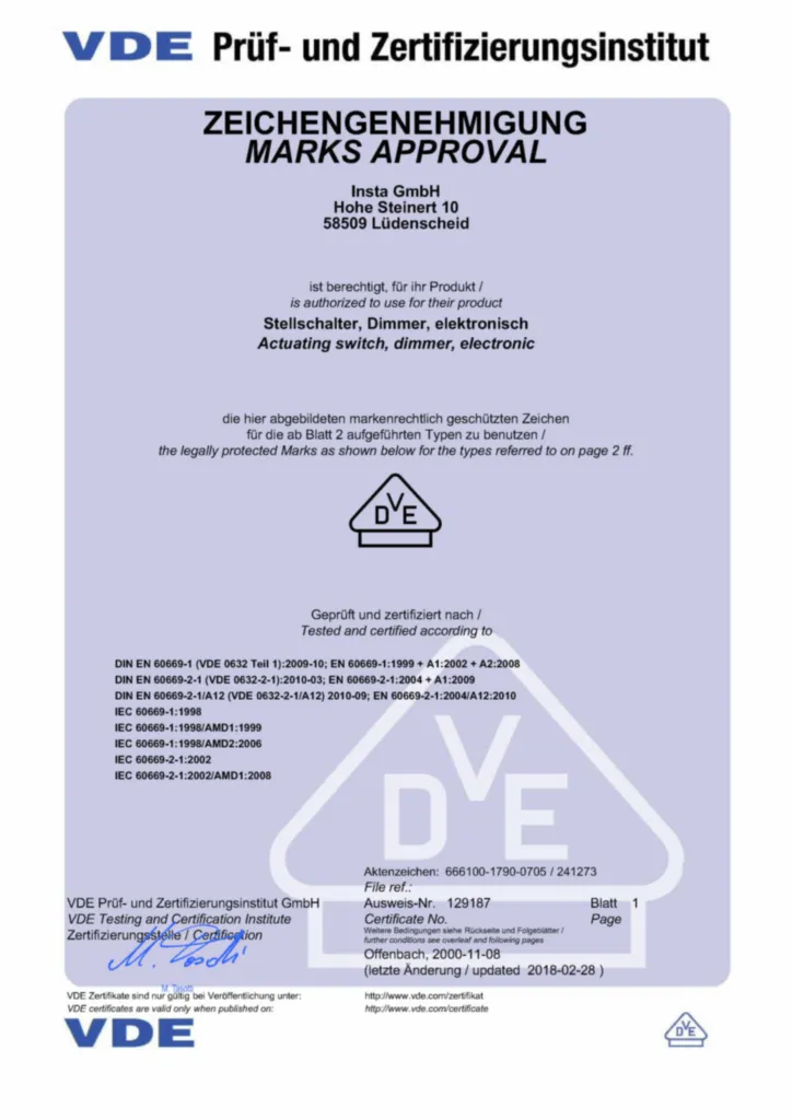 Image VDE certificate for 2876 - Dimmer (DE-EN, Nr. 129187, 2018-02)  | Hager
