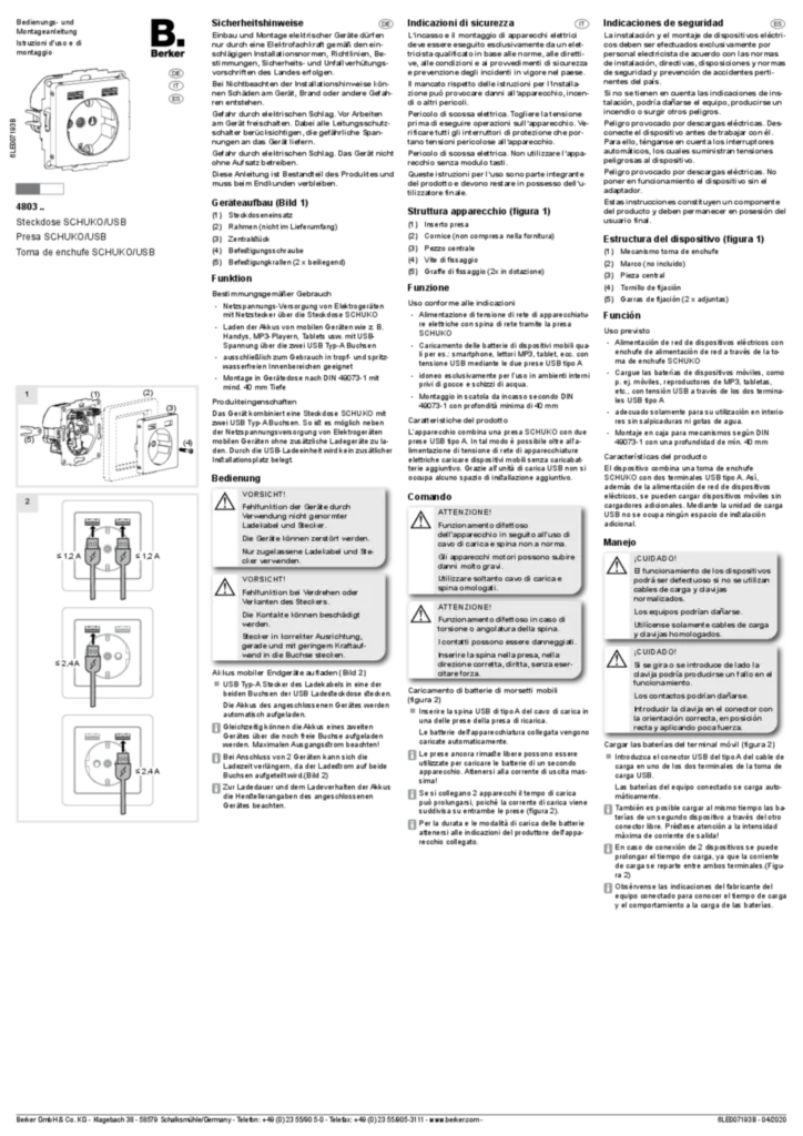 Bild Bedienungs- und Montageanleitung für 4803xx - Steckdose SCHUKO/USB (DE-IT-ES, 2020-04) | Hager Deutschland