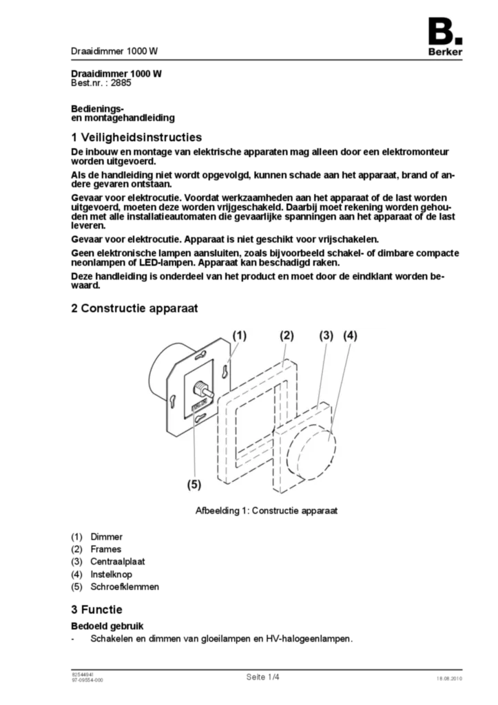 Image Notice d'instruction pour 2885 - Variateur rotatif 1000 W (NL, 2010-08) | Hager Belgique