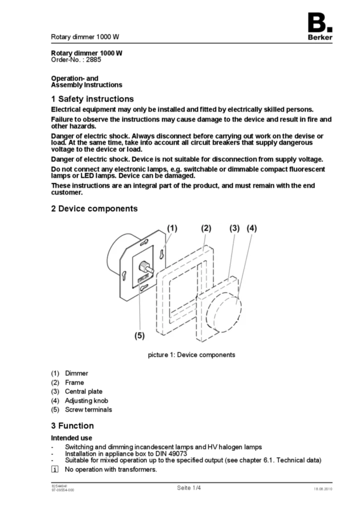 Image Notice d'instruction pour 2885 - Variateur rotatif 1000 W (EN, 2010-08) | Hager Belgique