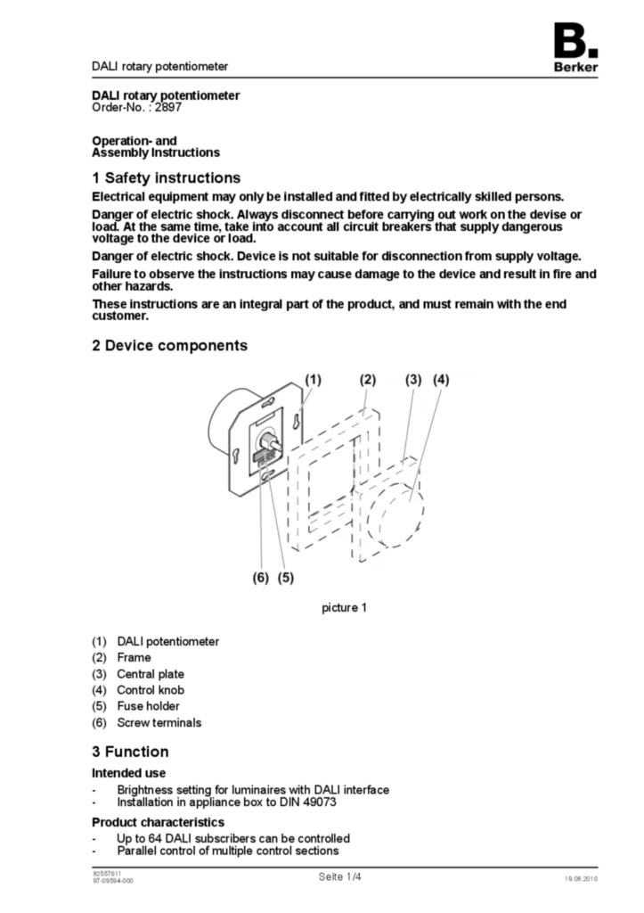Bild Bedienungs- und Montageanleitung für 2897 - DALI Drehpotenziometer (EN, 2010-08) | Hager Deutschland
