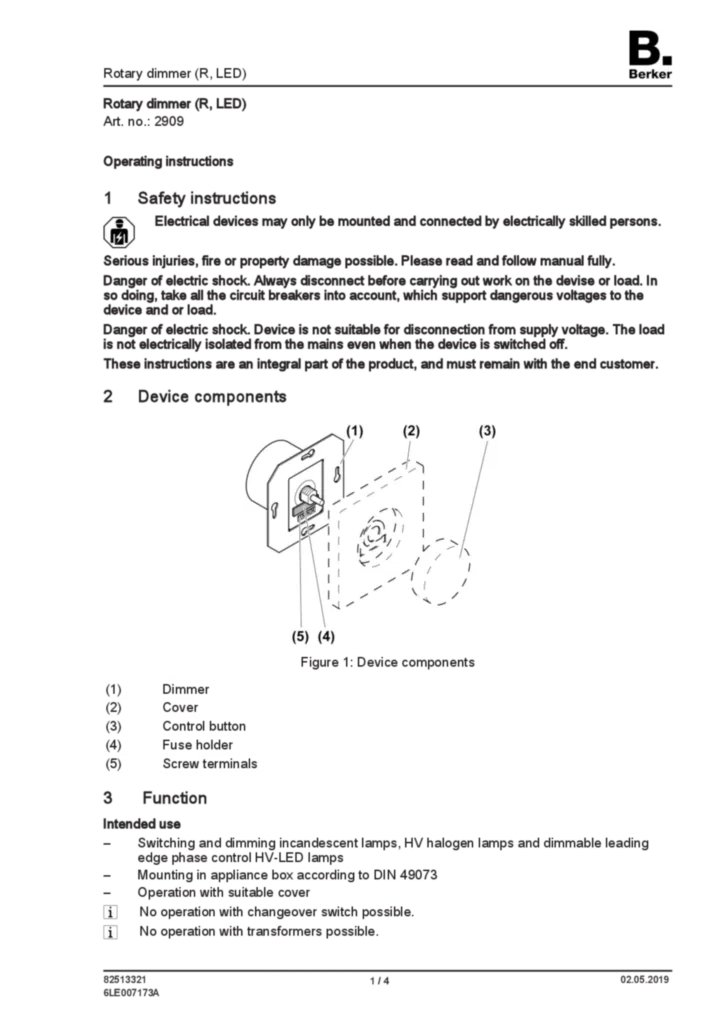 Image Notice d'instruction pour 2909 - Variateur rotatif (R, LED) (EN, 2019-05) | Hager Belgique