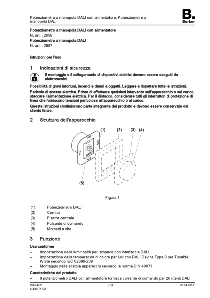 Immagine Manual for 2997-2998 - Rotary potentiometer DALI, Tunable white (IT, 2019-04) | Hager Italia