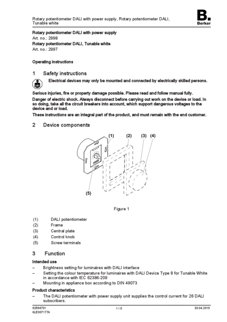 Image Notice d'instruction pour 2997-2998 - Potentiomètre rotatif DALI (EN, 2019-04) | Hager Belgique