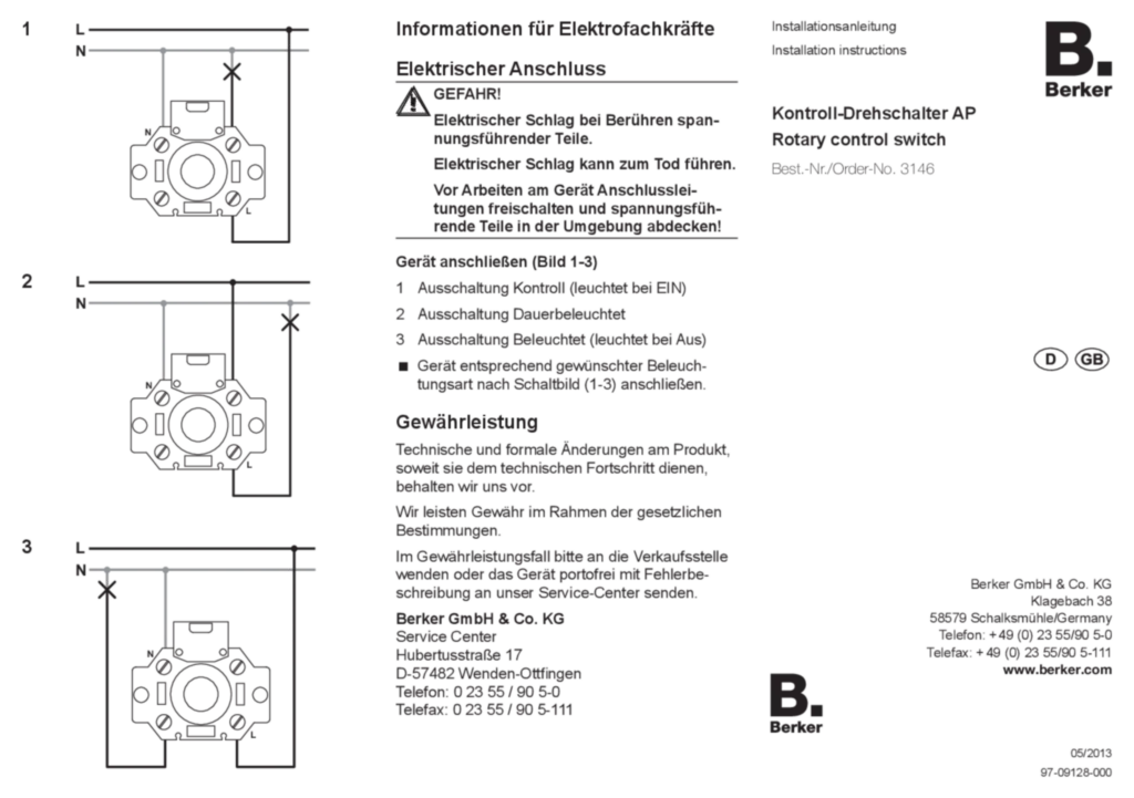 Bild Bedienungs- und Montageanleitung für 3146 - Kontroll-Drehschalter Aus/Wechsel AP (DE-EN, Stand: 05.2013) | Hager Deutschland