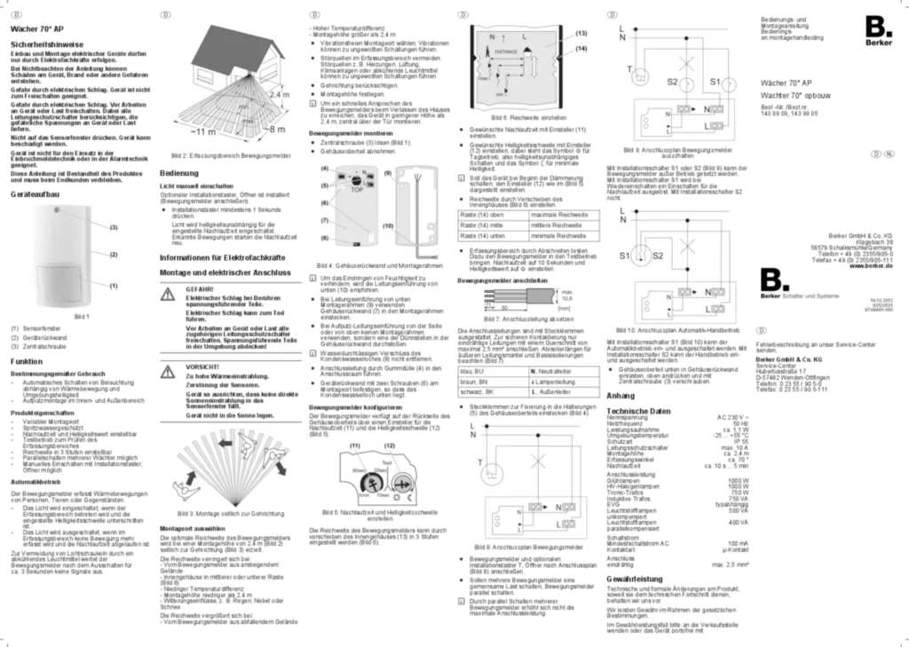 Bild Bedienungs- und Montageanleitung für 14399xx - Wächter 70° AP (DE-NL, Stand: 12.2012) | Hager Deutschland