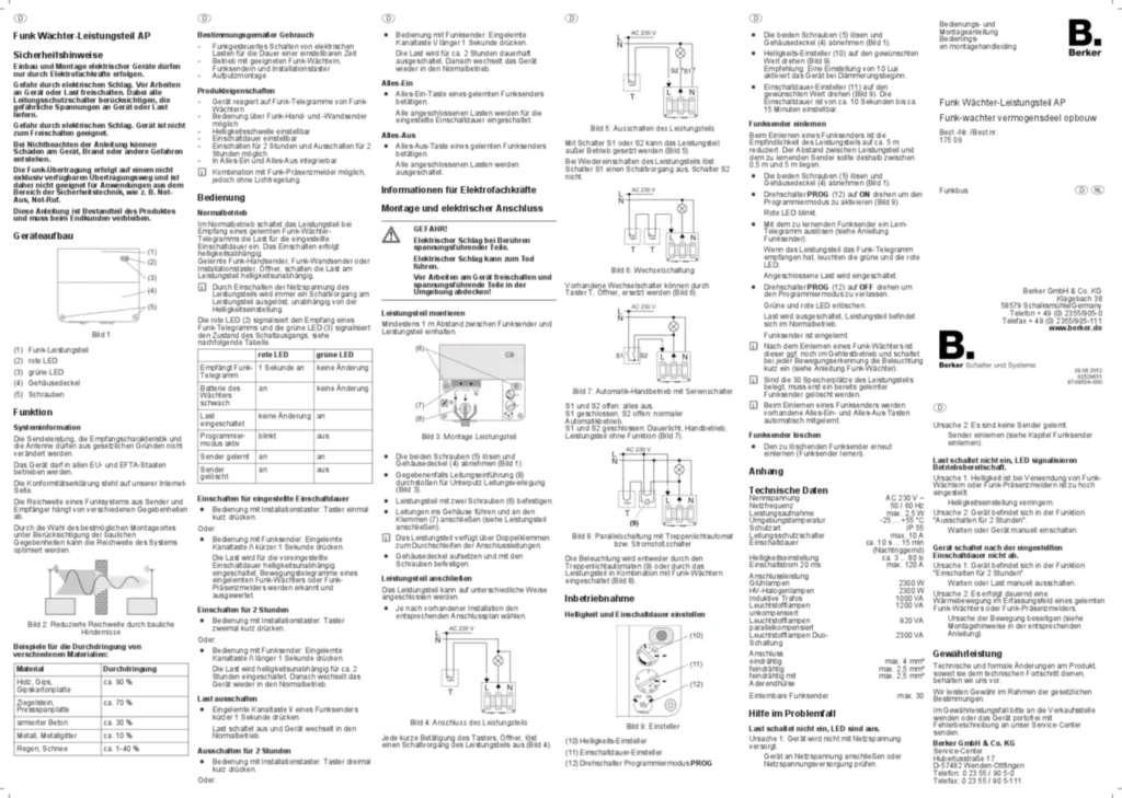 Bild Bedienungs- und Montageanleitung für 17509 - Funk Wächter-Leistungsteil AP (DE-NL, Stand: 05.2012) | Hager Deutschland