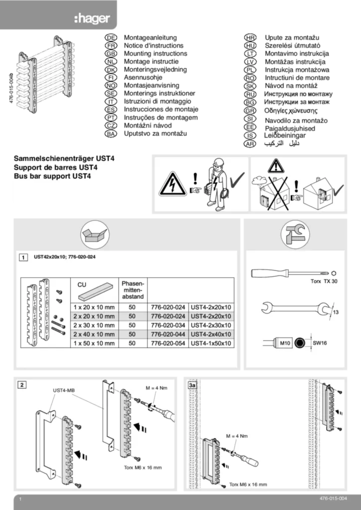 Bild Montageanleitung für UST4-1X20X10 - Sammelschienenträger 3-polig (EN, Stand: 08.2017) | Hager Schweiz