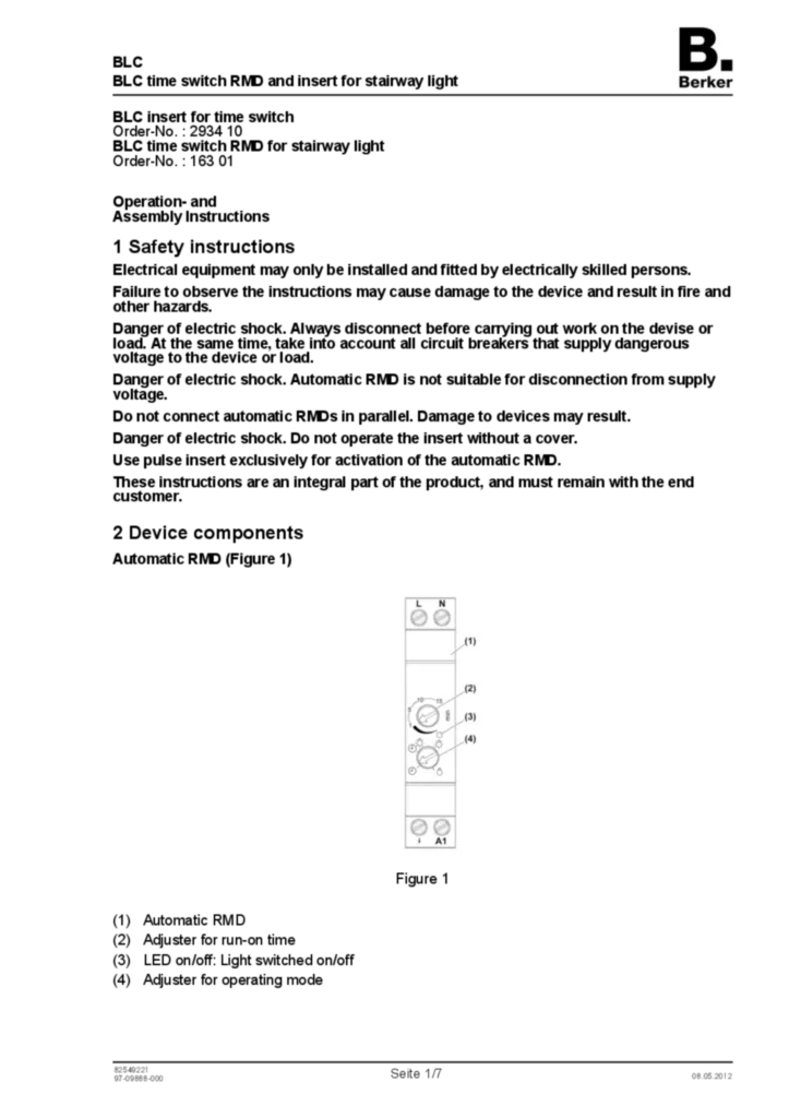 Bild Bedienungs- und Montageanleitung für 16301-293410 - BLC Zeitschalter REG für Treppenhauslicht, BLC Einsatz für Zeitschalter (EN, 2012-05) | Hager Deutschland