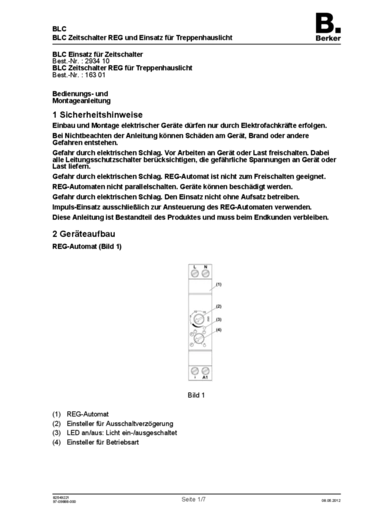 Bild Bedienungs- und Montageanleitung für 16301, 293410 - BLC Zeitschalter REG für Treppenhauslicht, BLC Einsatz für Zeitschalter (DE, Stand: 05.2012) | Hager Deutschland