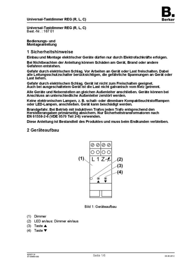 Bild Bedienungs- und Montageanleitung für 16701 - Universal-Tastdimmer REG (R, L, C) (DE, Stand: 05.2012) | Hager Deutschland