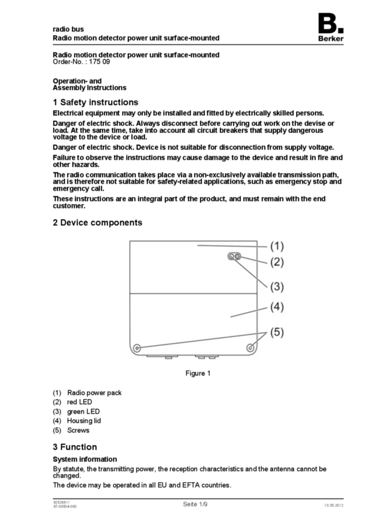 Bild Bedienungs- und Montageanleitung für 17509 - Funk Wächter-Leistungsteil AP (EN, 2012-05) | Hager Deutschland