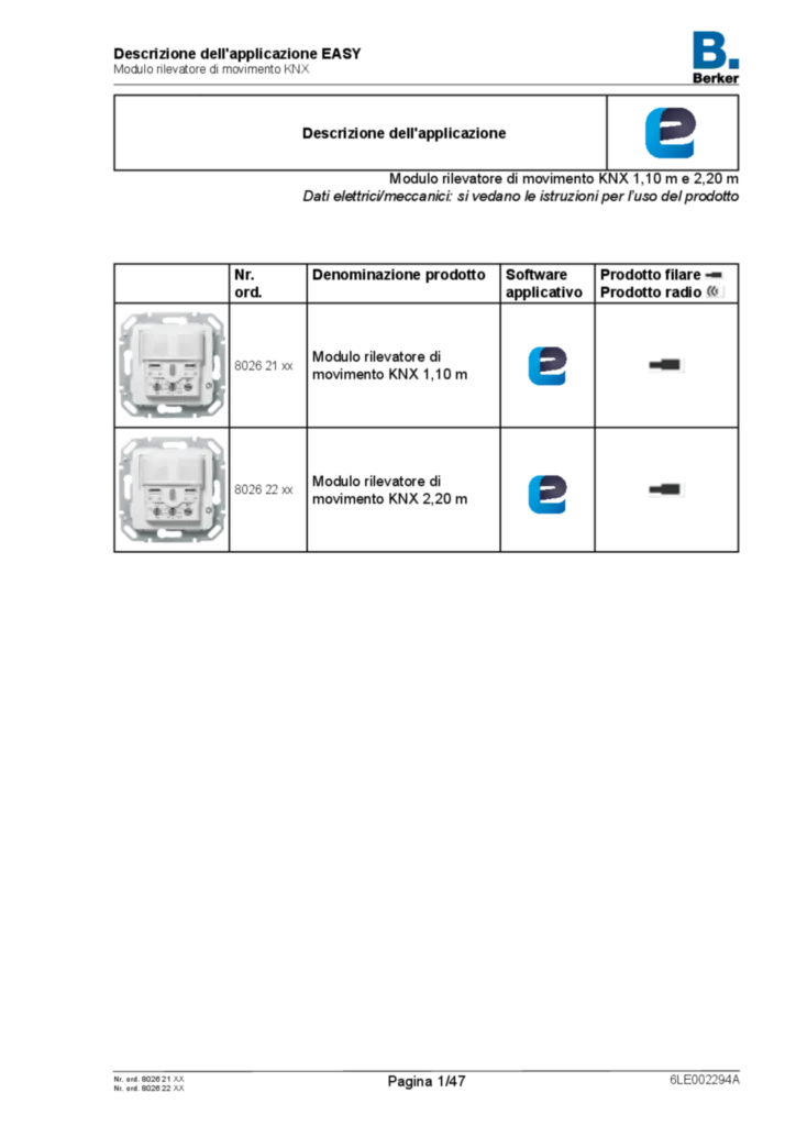 Immagine Application description ETS for 802621xx-802622xx - Motion detector with bus coupling unit (IT, 2016-08), easy link | Hager Italia