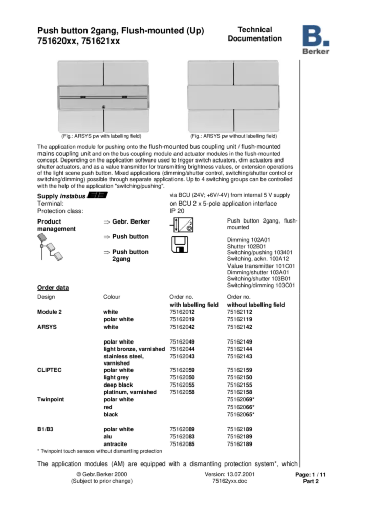 Bild Applikationsbeschreibung ETS für 75162xx - Tastsensor 2fach (EN, 2001-07) | Hager Deutschland
