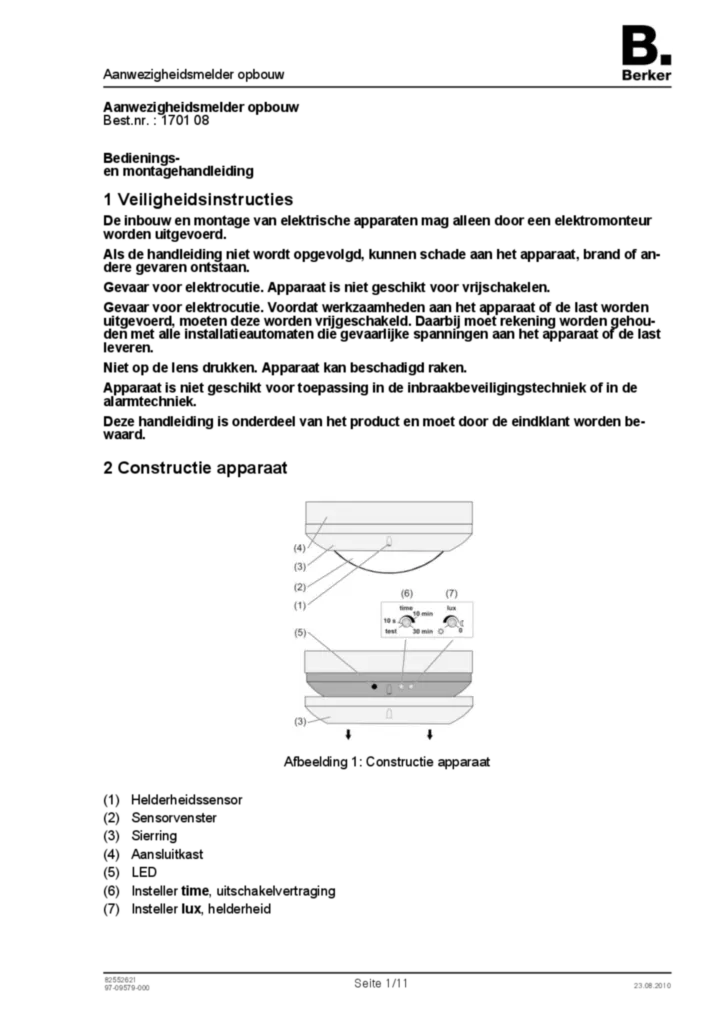 Afbeelding Manual for 170108 - Presence detector AP (NL, 2010-08) | Hager Nederland