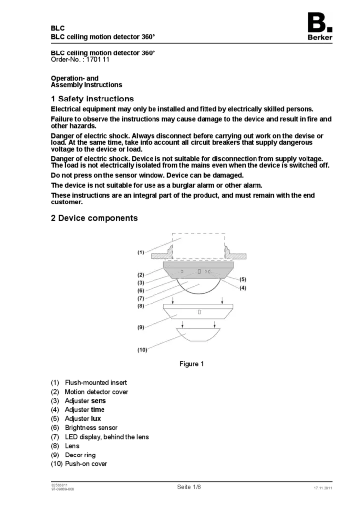 Bild Bedienungs- und Montageanleitung für 170111 - BLC Deckenwächter 360° (EN, 2011-11) | Hager Deutschland